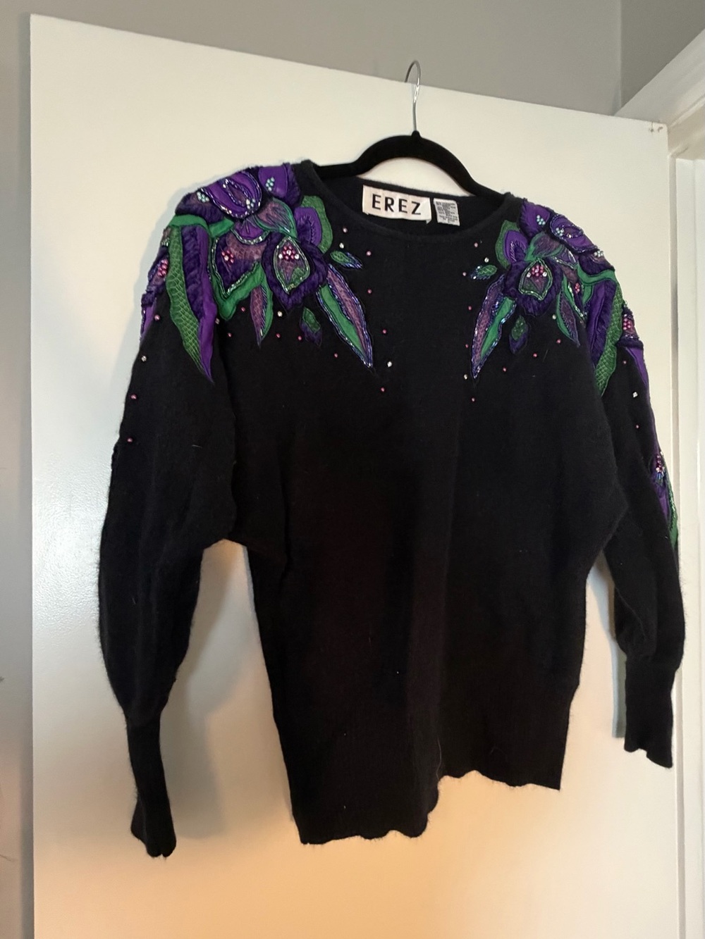 Vintage Erez Angora Lambswool Sweater Beaded Snakeskin Floral Appliqué L